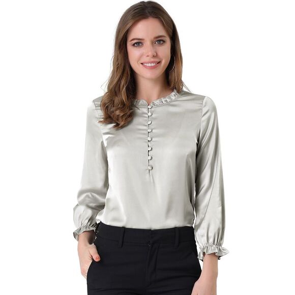 Ruffle Neck Bubble Sleeve Elastic Cuff Button Workwear Blouse Gray - Picture 1 of 6
